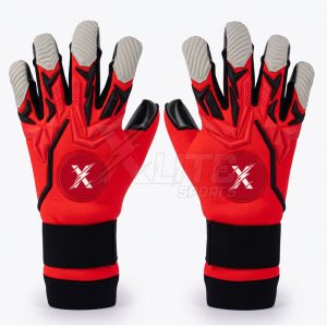 Red and black custom goalkeeper gloves backhand view