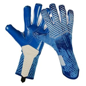 Blue professional goalkeeper gloves palm and backhand angled view