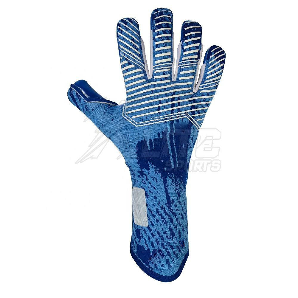 Knitted Backhand Goalkeeper Gloves – Blue Xlite Design Knitted backhand professional goalkeeper gloves blue and white design