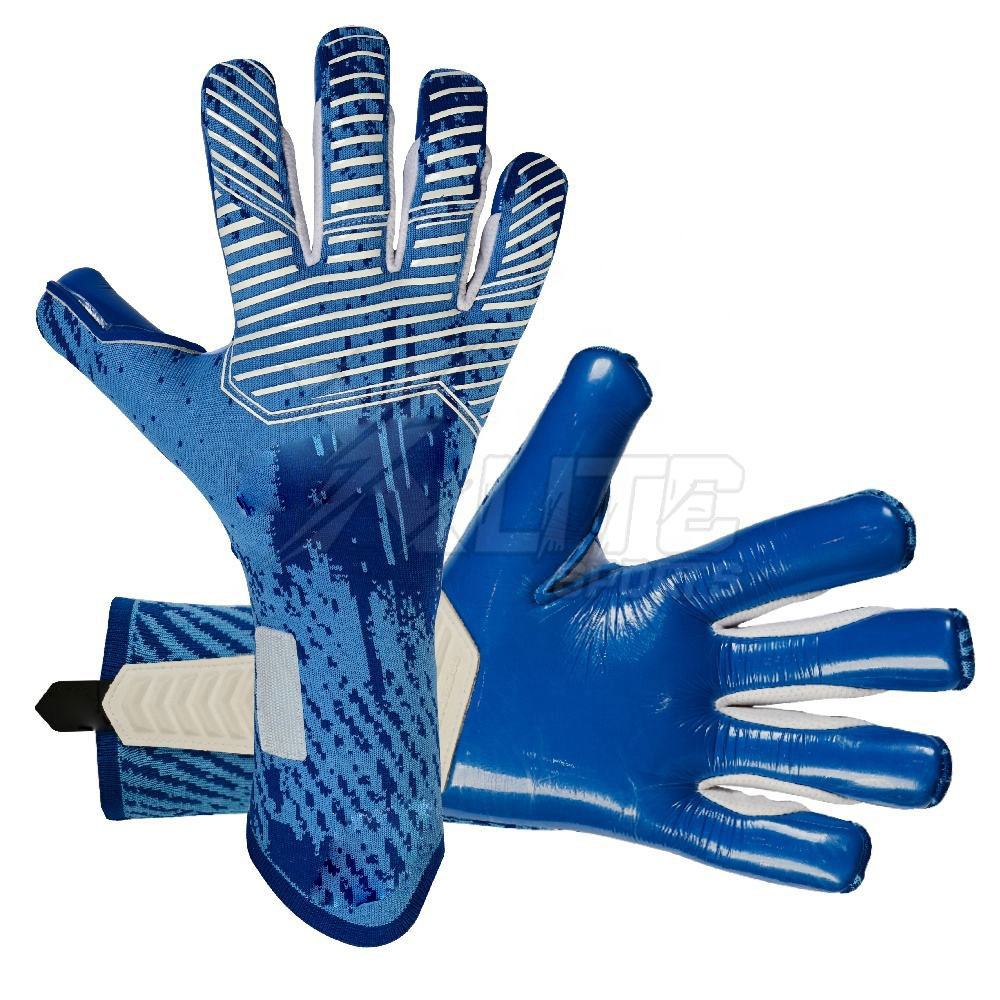 Knitted Backhand Goalkeeper Gloves – Blue Xlite Design Knitted backhand professional goalkeeper gloves blue and white design