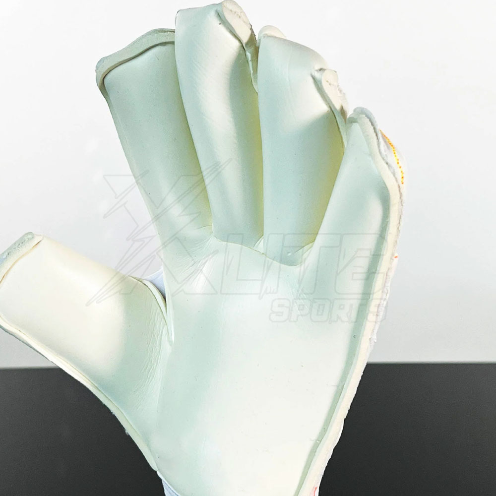 roll-finger-goalkeeper-gloves-latex-wrap-xlite-sports White goalkeeper gloves with removable finger protection and elastic wrist straps